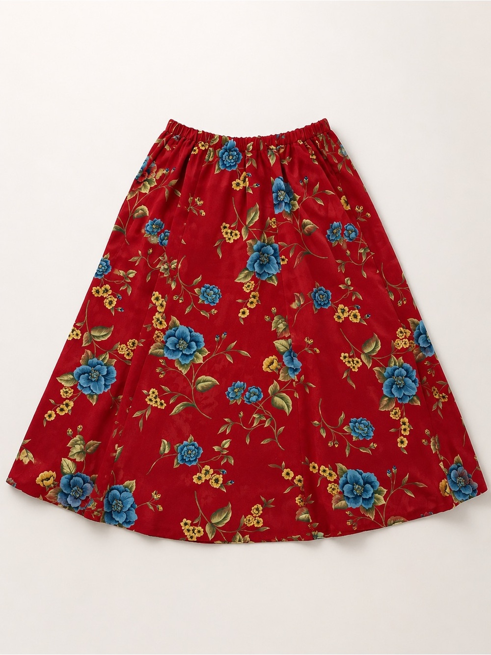 Red Floral A-Line Skirt with Blue Flowers